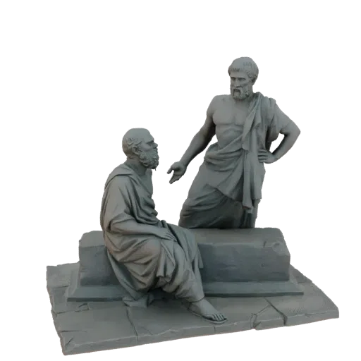 3D model of Socrates and Plato in a philosophical discussion, rendered in a marble-like texture.