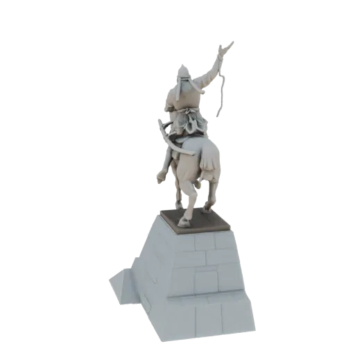 Modèle 3D de guerrier mongol en armure, à cheval, un bras levé, sur une base en pierre.