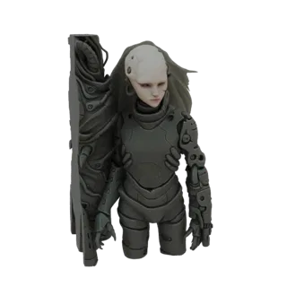 Rendu 3D d'un guerrier cybernétique avec un grand bouclier intégré, portant une armure segmentée sombre et une tête lisse et