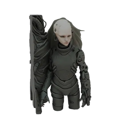 Render de modelo 3D de um guerreiro cibernético com um grande escudo integrado, vestindo armadura escura e segmentada e uma c