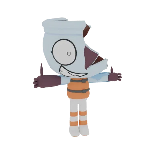 3D model of a cartoon character with a light blue head, large eyes, orange vest, and striped pants, giving a thumbs-up.