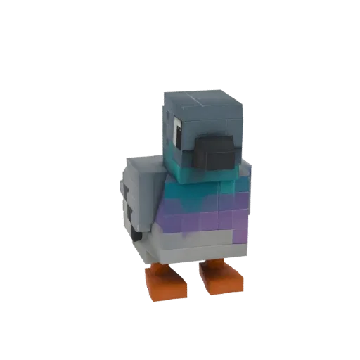 A 3D model of a pixelated pigeon, rendered in a blocky, low-poly style with gray, teal, and purple plumage, standing on orang