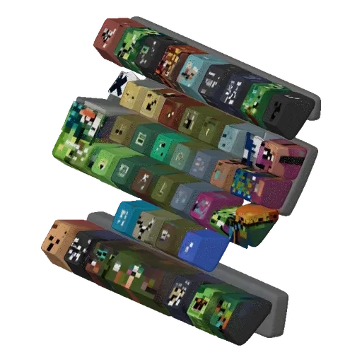 3D render of a keyboard keycap set featuring various Minecraft-themed designs, including characters and blocks.