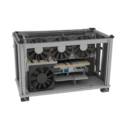 Modello 3D di case per mining rig in profilato di alluminio e compensato, vista frontale con pannello laterale aperto