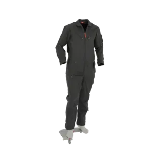 Modello 3D di tuta da meccanico grigio scuro con cerniera con accento rosso, mostrata su un supporto bianco.