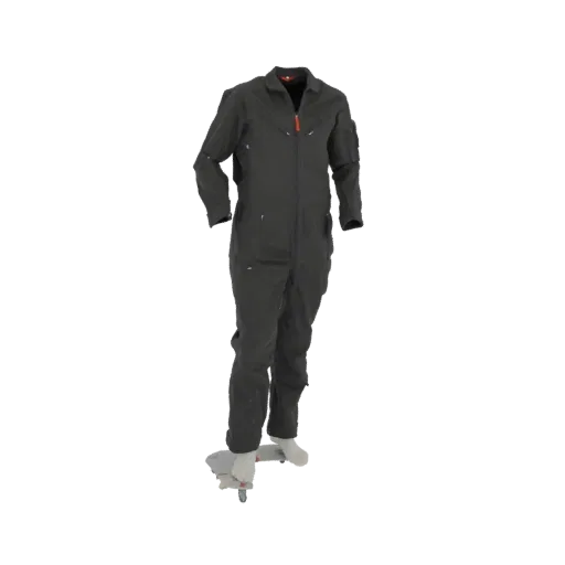 3D model of dark grey mechanic's coveralls with a red-accented zipper, shown on a white stand.