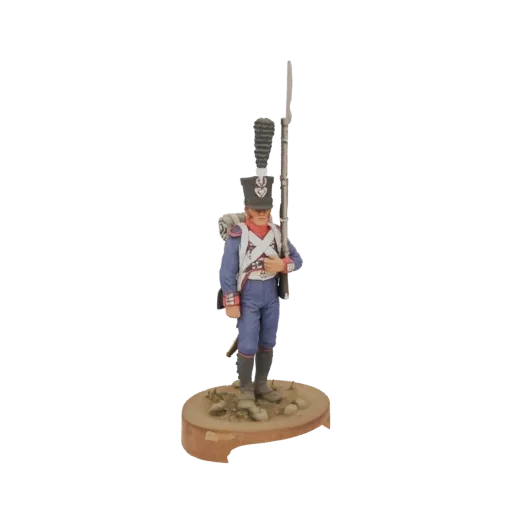 3D-Modell eines Grenadiers der französischen Kaiserlichen Garde in blauer Uniform, stehend mit Musket und Bajonett auf einem