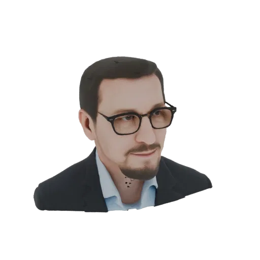 3D-Modell eines Mannes in dunklem Anzug, hellblauem Hemd und Brille mit schwarzem Rand, mit kurzen dunklen Haaren und einem Z