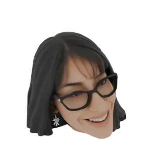 Modelo 3D de una mujer estilizada con cabello oscuro, gafas y una sonrisa amigable, sobre un fondo blanco.