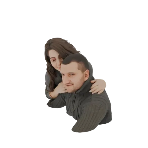 Render de modelo 3D de un hombre y una mujer abrazándose, ambos vistiendo suéteres texturizados, con expresión suave e íntima