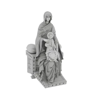 3D model render of a Byzantine-style statue of the Virgin Mary holding the Christ Child, with halos and an ornate base.