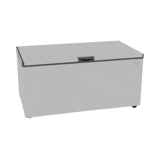 3D render of a modern white chest freezer with a dark gray trim and a slightly open lid, showcasing its sleek design.
