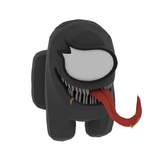 3D model of a black Among Us Impostor character with Venom's white eyes, sharp teeth, and a long red tongue sticking out.