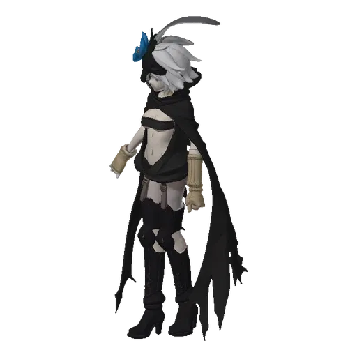 3D model of a mysterious hooded figure with a dark cloak and a blue flower headdress, standing against a black background.