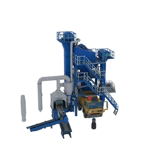 3D model of a blue industrial asphalt mixing plant with conveyor belts and a yellow truck.