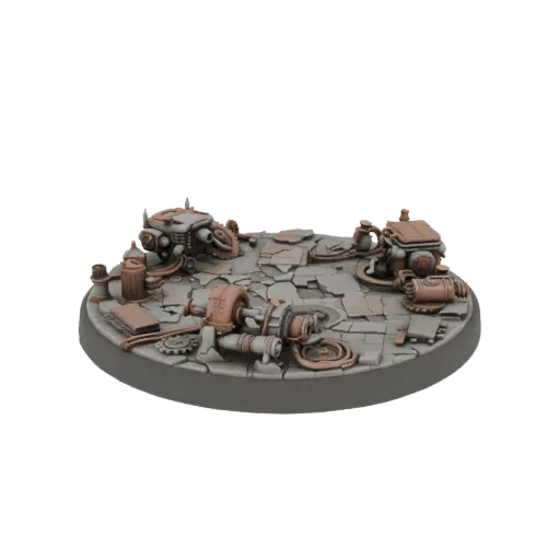 3D model of a round steampunk diorama base with cracked stone, exposed gears, pipes, and mechanical debris.