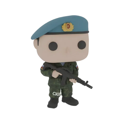 3D model of a Russian VDV paratrooper in a Funko Pop style, wearing a blue beret and camouflage uniform, holding a rifle.