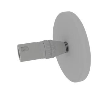 3D model of a gray shower head with a textured grip and a wall mount, presented against a white background.