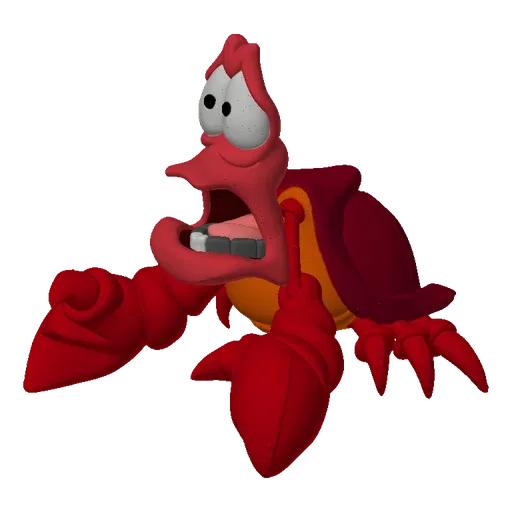 3D model of Sebastian the crab from The Little Mermaid with a scared expression, wide eyes, and open mouth.