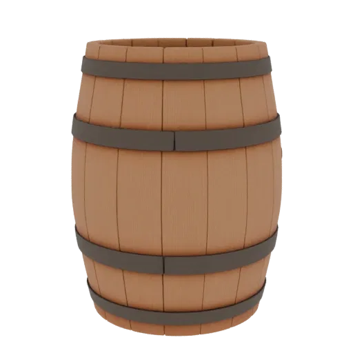 3D model of a wooden barrel with visible wood texture and metal hoops on a black background