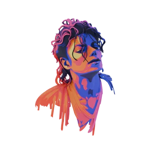 3D model of Michael Jackson in a vibrant pop art style, with colorful planes defining his face and hair.