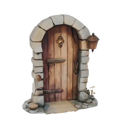 3D model of a rustic wooden door with a stone archway and a small lantern, set against a black background.