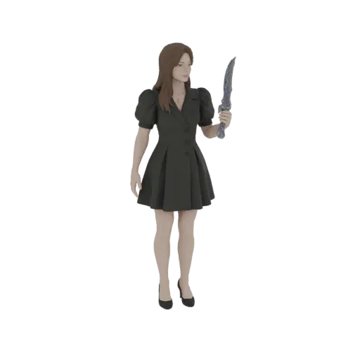 3D model of a dark fantasy woman in a black dress holding a textured dagger, rendered on a white background.