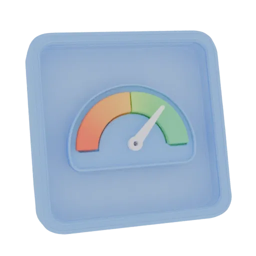 3D render of a stylized gauge icon with a red, orange, and green indicator, and a white needle pointing to the green section,