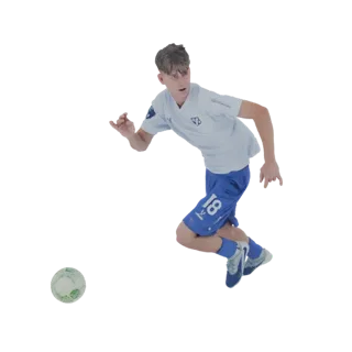 Modello 3D di un giovane calciatore in maglia azzurra e pantaloncini blu, che palleggia.
