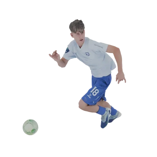 3D model of a young male soccer player in a light blue jersey and blue shorts, dribbling a soccer ball.