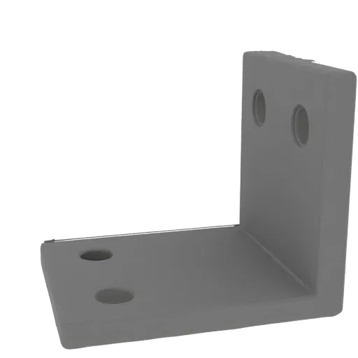 3D model of a gray corner bracket with two holes on horizontal and vertical shelves