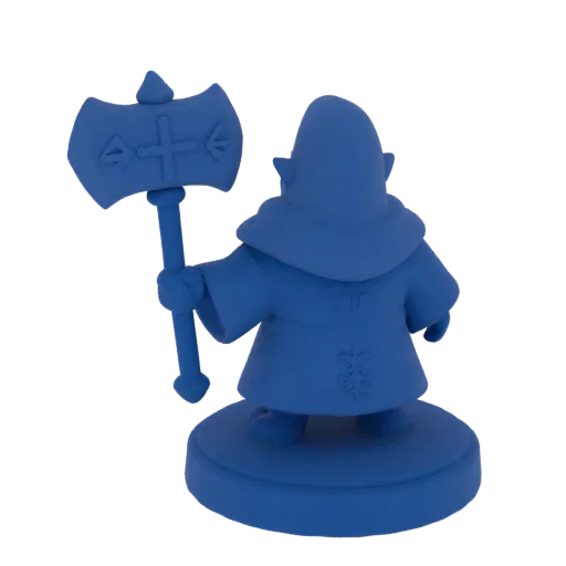Figurine STL de clerc nain fantastique en charge, rendu trois-quarts sur table, figurine de lanceur de sorts imprimable en ré