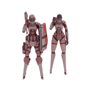 3D model of two sci-fi soldiers, one holding a rifle and shield, the other holding a smaller weapon, against a white backgrou