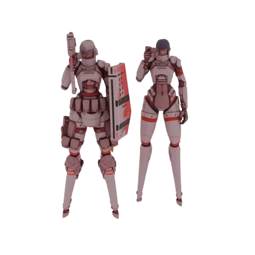 Modèle 3D de deux soldats sci-fi, l'un tenant un fusil et un bouclier, l'autre tenant une arme plus petite, sur fond blanc.