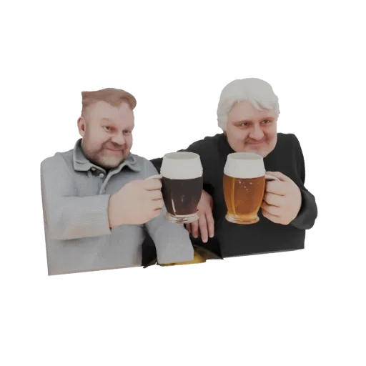3D model of two men, one with blonde hair and one with brown hair, smiling and toasting with large mugs of beer.