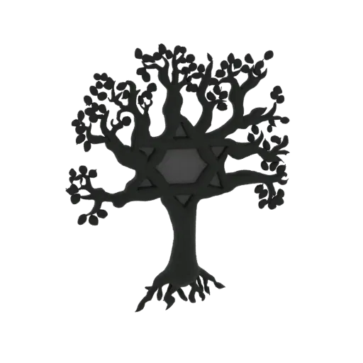 3D model of a dark, stylized Tree of Life with a prominent Star of David emblem at its center, set against a black background