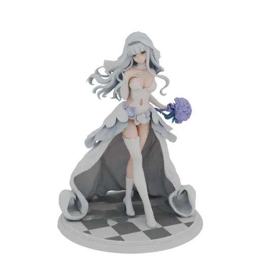 3D model of an anime bride figure with long white hair, wearing a detailed white wedding dress and holding a purple bouquet,