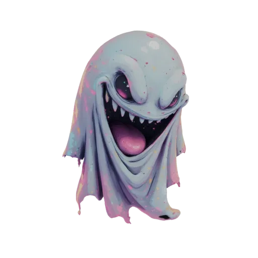 3D model of a light blue ghost with a wide, toothy grin, pink tongue, and colorful splatter paint accents, isolated on a whit