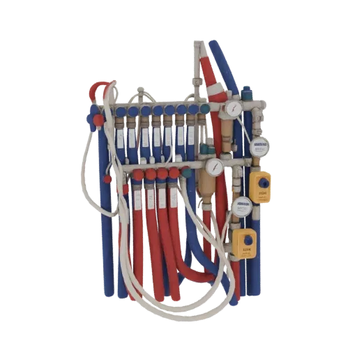 3D model of a hydronic manifold system with multiple red and blue tubes, pressure gauges, and valves.