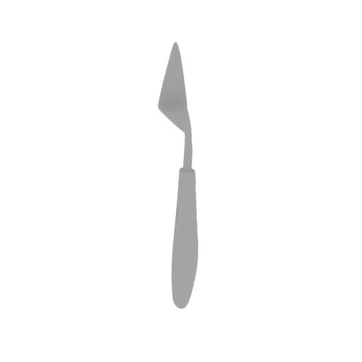 3D model of a gray artistic palette knife with a pointed blade and an ergonomic handle, isolated on a white background.