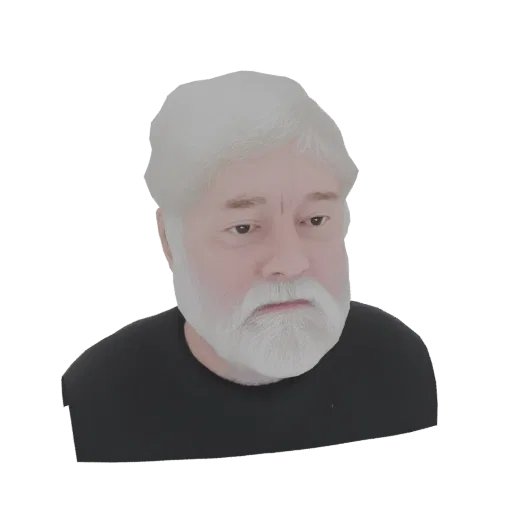 Render del modello 3D del busto di un anziano con barba e capelli bianchi, che indossa una camicia nera.