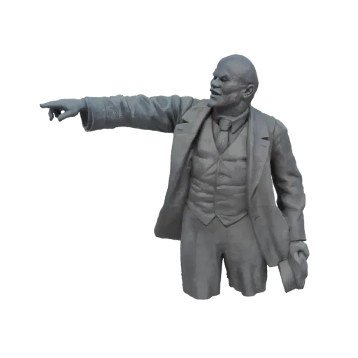 3D model of a Lenin statue bust with a determined expression and his left arm pointing forward.