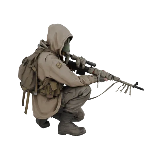 3D model of a sniper in a crouched position, wearing a gas mask and backpack, holding a rifle.
