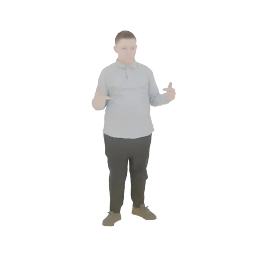 3D model of a young man with short hair, wearing a light blue polo shirt and grey pants, pointing with both index fingers.