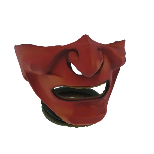 A 3D model of a menacing red Oni mask with a snarling expression and sharp teeth, against a white background.