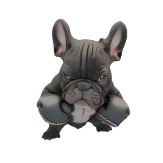 Modèle 3D d'un bouledogue français portant des gants de boxe bleus, dans une pose ludique, sur fond blanc.