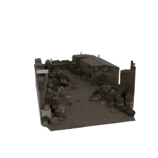 Modelo 3D de un patio industrial yermo con escombros, barriles y un edificio desgastado.