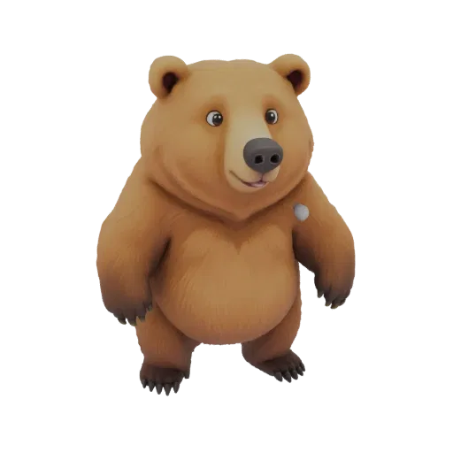 A 3D render of a chubby brown bear with a friendly expression and a white spot on its shoulder, standing on a white backgroun