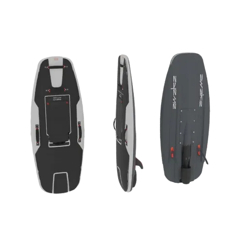 3D model of a dark grey and white electric hydrofoil board shown from multiple angles against a black background.