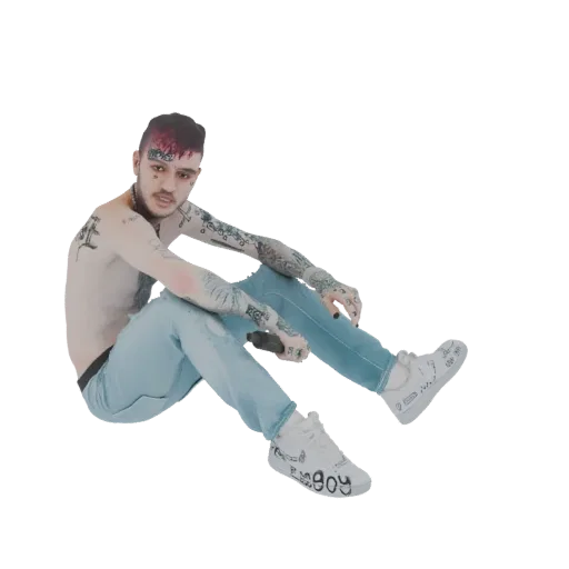 3D model of a young man with tattoos sitting down, wearing jeans and sneakers.